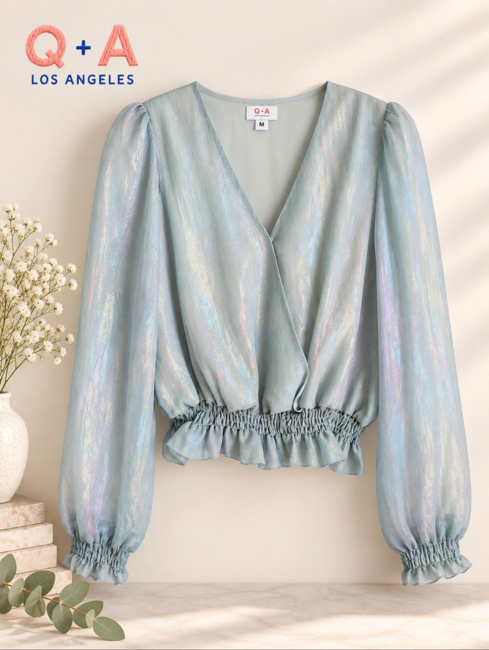 EUC Q&A Iridescent Light Blue V-Neck Blouse with Smocked Peplum Waist, Size M